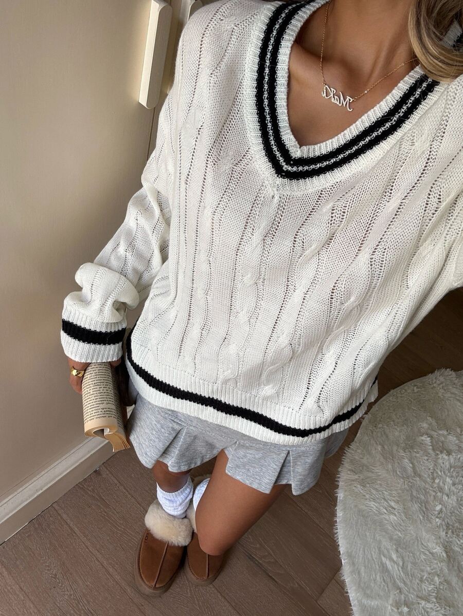 SHEIN 青少年女孩深V領長袖條紋休閒套頭毛衣,優雅柔軟,舒適秋冬款長袖上衣 - 白色 - 查看 1