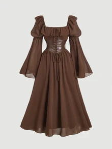 SHEIN MOD Plus Size Brown Court Style 2 In 1 Princess Dress - Brown - View 1
