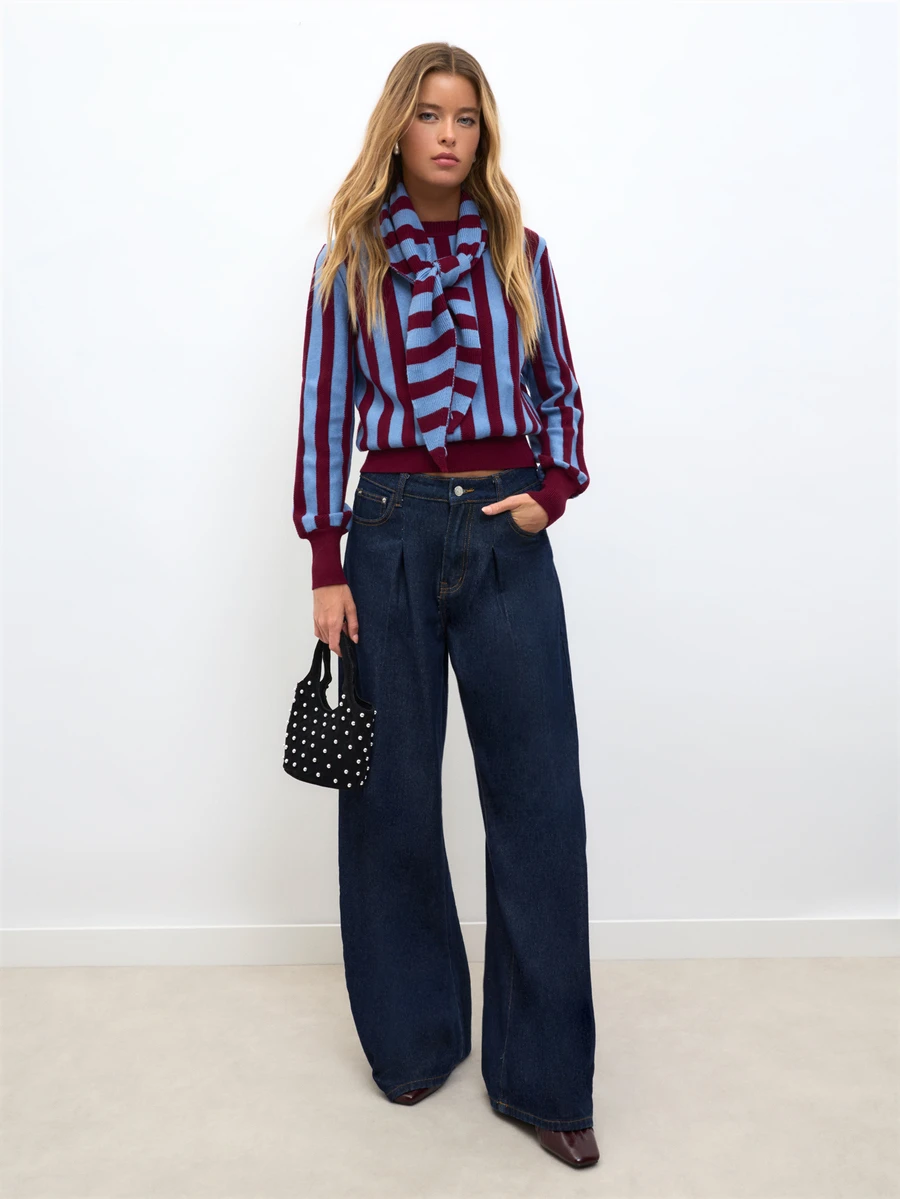 Nöista Striped Knit Sweater With Tie-Neck Detail. Fall, Back To School, Day-To-Night And Casual Style. - Burgundy - View 1