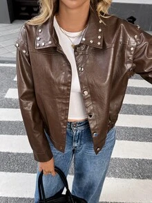 SHEIN Unity Women's Vintage Leather Jacket With Rivet Design, Short Style - Brown - View 6
