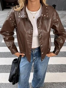 SHEIN Unity Women's Vintage Leather Jacket With Rivet Design, Short Style - Brown - View 4