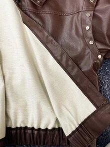 SHEIN Unity Women's Vintage Leather Jacket With Rivet Design, Short Style - Brown - View 8