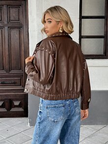 SHEIN Unity Women's Vintage Leather Jacket With Rivet Design, Short Style - Brown - View 2