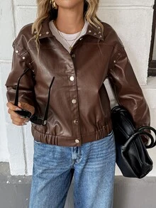 SHEIN Unity Women's Vintage Leather Jacket With Rivet Design, Short Style - Brown - View 7