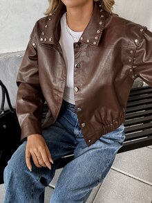SHEIN Unity Women's Vintage Leather Jacket With Rivet Design, Short Style - Brown - View 3