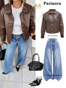 SHEIN Unity Women's Vintage Leather Jacket With Rivet Design, Short Style - Brown - View 1