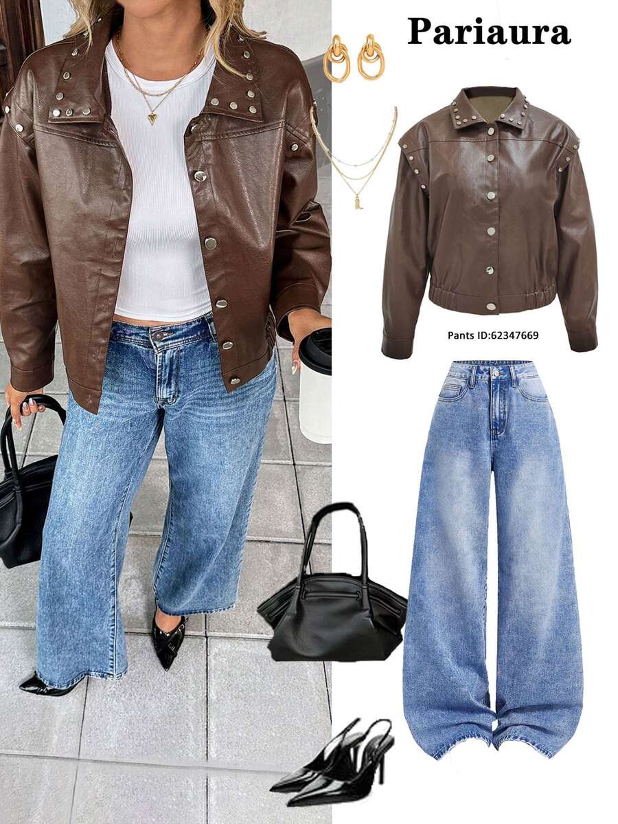 SHEIN Unity Women's Vintage Leather Jacket With Rivet Design, Short Style - Brown - View 1