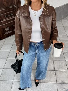 SHEIN Unity Women's Vintage Leather Jacket With Rivet Design, Short Style - Brown - View 5