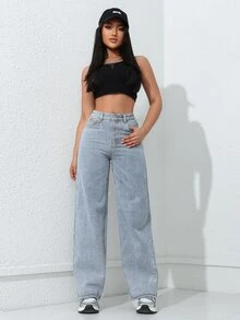 Rivivi High Waist Washed Distressed Loose Fit Plus Size Denim Jeans - Blue - View 6