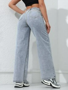 Rivivi High Waist Washed Distressed Loose Fit Plus Size Denim Jeans - Blue - View 2