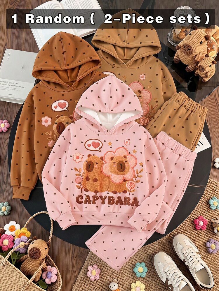 1 Random 2-Piece Vintage Cute Capybara, Maillard Pink Polka Dot Print, Tween Girls Hooded Drop Shoulder Sweatshirt & Straight Leg Pants Set, Easy & Comfortable, Children's Autumn Layering, Y2K, Outing, Street Style, Campus, Chill Chill - Multicolor - View 1