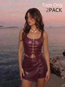 SHEIN MOD 女款 PU 棕色與酒紅 2 件組背心套裝，復古學院波希米亞風，秋冬返校龐克萬聖節 - 彩色 - 查看 9
