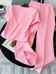 GlowEve CURVE Plus Size Women's Equestrian Print Round Neck Short Sleeve T-Shirt And Wide Leg Pants Sporty Casual Daily Two Pieces Set Shopping Rodeo Pink Summer - Pink - View 2
