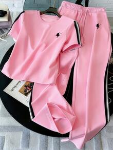 GlowEve CURVE Plus Size Women's Equestrian Print Round Neck Short Sleeve T-Shirt And Wide Leg Pants Sporty Casual Daily Two Pieces Set Shopping Rodeo Pink Summer - Pink - View 1