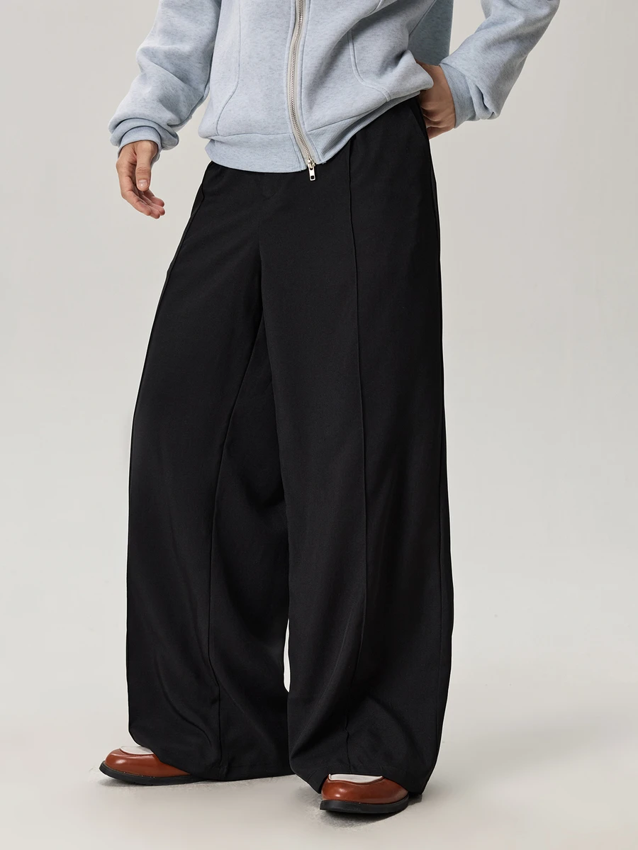 Vaulklash Men Relaxed-Fit Wide-Leg Trousers In Plain Black Woven Fabric For Everyday Modern Style Wide Leg Pants Baggy Oversized Loose Pleated Fall - Black - View 1