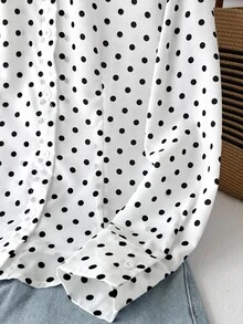 SHEIN 青少年女孩黑白波點印花修身圓弧下擺休閒襯衫，適合春季、秋季、冬季，開學季穿搭，優雅學院風 - 黑與白 - 查看 7