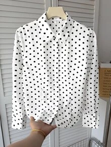 SHEIN 青少年女孩黑白波點印花修身圓弧下擺休閒襯衫，適合春季、秋季、冬季，開學季穿搭，優雅學院風 - 黑與白 - 查看 4