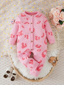 SHEIN Baby Girl Knitted Romper, Crawler Autumn Winter Suit, Comfortable And Soft, Pink Leopard Print, Fashionable - Pink - View 5