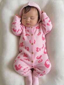 SHEIN Baby Girl Knitted Romper, Crawler Autumn Winter Suit, Comfortable And Soft, Pink Leopard Print, Fashionable - Pink - View 6