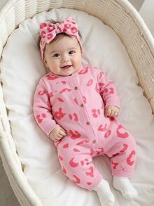 SHEIN Baby Girl Knitted Romper, Crawler Autumn Winter Suit, Comfortable And Soft, Pink Leopard Print, Fashionable - Pink - View 1