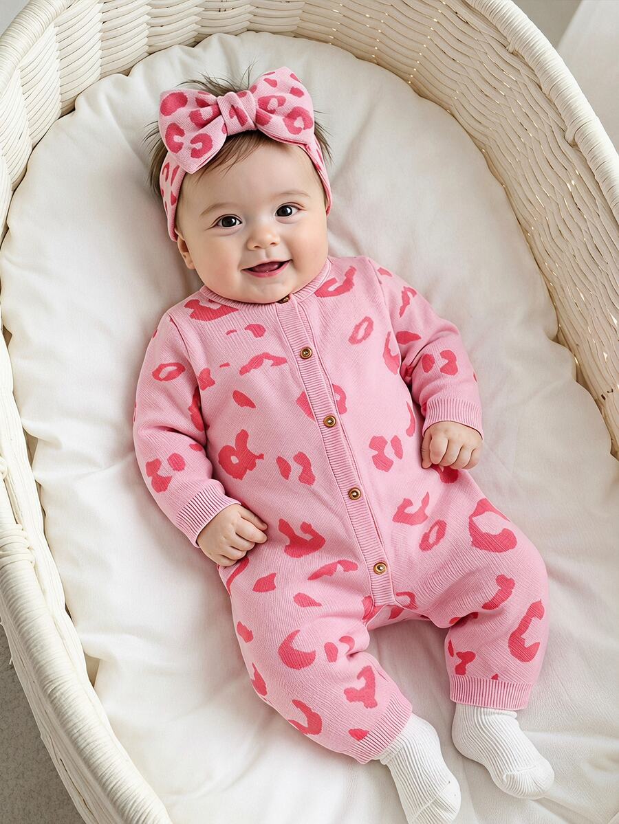 SHEIN Baby Girl Knitted Romper, Crawler Autumn Winter Suit, Comfortable And Soft, Pink Leopard Print, Fashionable - Pink - View 1