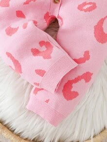 SHEIN Baby Girl Knitted Romper, Crawler Autumn Winter Suit, Comfortable And Soft, Pink Leopard Print, Fashionable - Pink - View 3