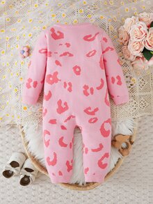SHEIN Baby Girl Knitted Romper, Crawler Autumn Winter Suit, Comfortable And Soft, Pink Leopard Print, Fashionable - Pink - View 2