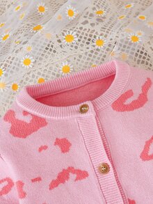 SHEIN Baby Girl Knitted Romper, Crawler Autumn Winter Suit, Comfortable And Soft, Pink Leopard Print, Fashionable - Pink - View 4