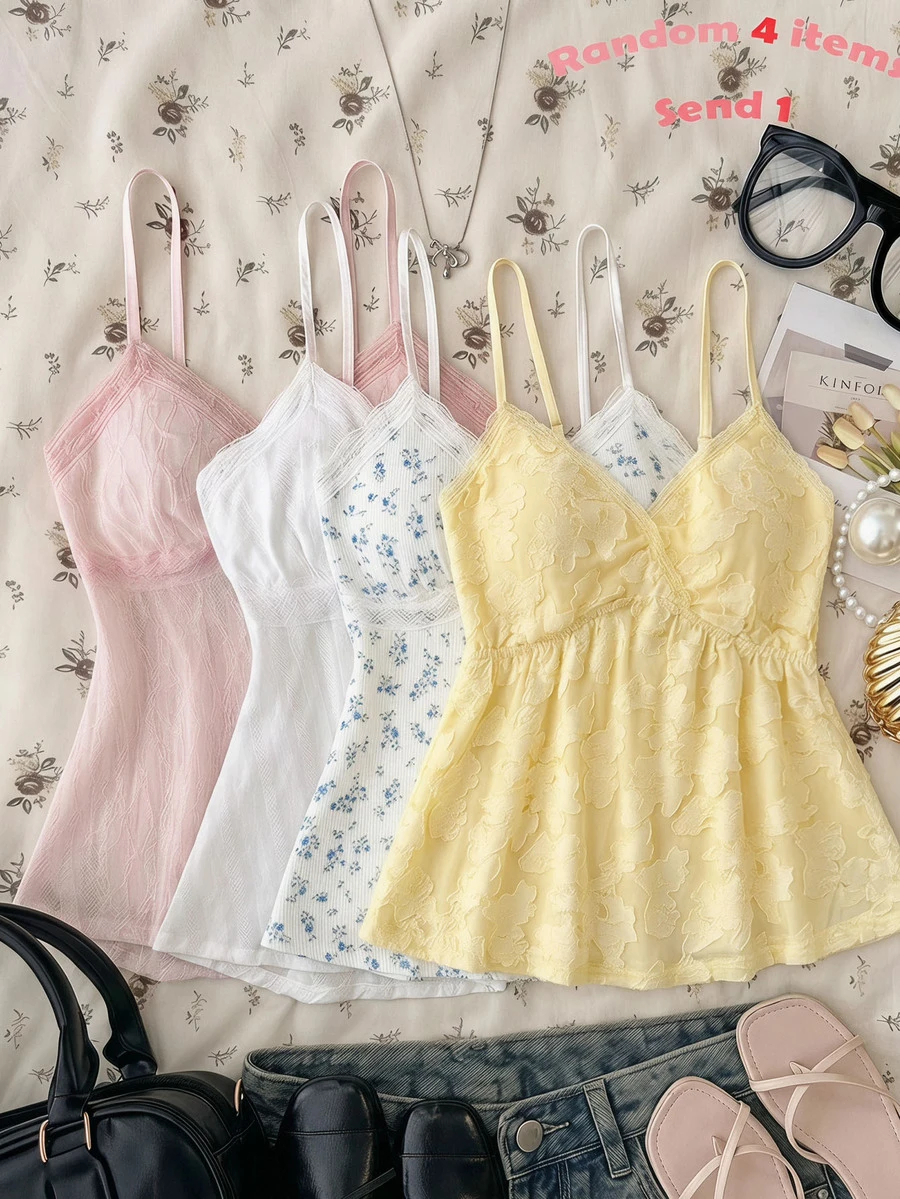 SHEIN Teen Girls Spring/Summer Soft Yellow 3D Jacquard Lace Patchwork Camisole, V-Neck Lace Trim Cinched Waist Ruffle Hem Cropped Tank Top, Sweet Cute Y2K - Multicolor - View 1