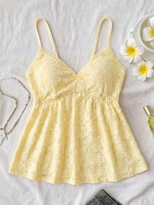 SHEIN Teen Girls Spring/Summer Soft Yellow 3D Jacquard Lace Patchwork Camisole, V-Neck Lace Trim Cinched Waist Ruffle Hem Cropped Tank Top, Sweet Cute Y2K - Multicolor - View 5