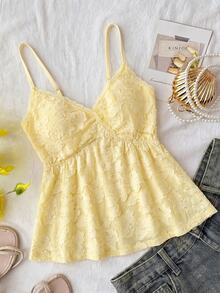 SHEIN Teen Girls Spring/Summer Soft Yellow 3D Jacquard Lace Patchwork Camisole, V-Neck Lace Trim Cinched Waist Ruffle Hem Cropped Tank Top, Sweet Cute Y2K - Multicolor - View 7