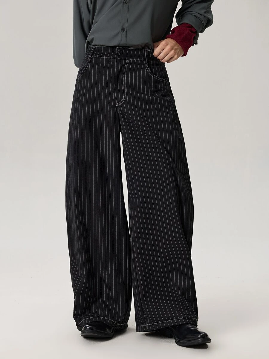 Vaulklash Men's Fashionable Casual Loose Fit Stripe Embroidered Long Pants , Fall - Black - View 1