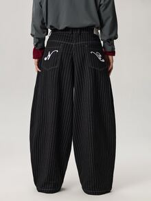 Vaulklash Men's Fashionable Casual Loose Fit Stripe Embroidered Long Pants , Fall - Black - View 3