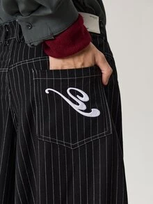 Vaulklash Men's Fashionable Casual Loose Fit Stripe Embroidered Long Pants , Fall - Black - View 7