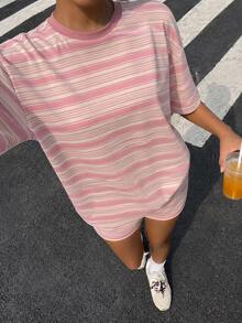 Teen Girl Casual Simple Loose Round Neck Short Sleeve T-Shirt And Loose Shorts 2-Piece Set Suitable For Spring And Summer Blue, White And Brown Stripe - Multicolor - View 4