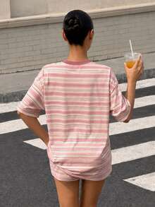 Teen Girl Casual Simple Loose Round Neck Short Sleeve T-Shirt And Loose Shorts 2-Piece Set Suitable For Spring And Summer Blue, White And Brown Stripe - Multicolor - View 2