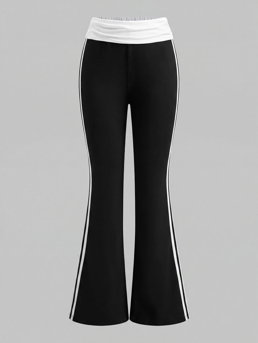 SHEIN 青少年女孩對比色條紋摺腰喇叭褲 - 彩色 - 查看 1