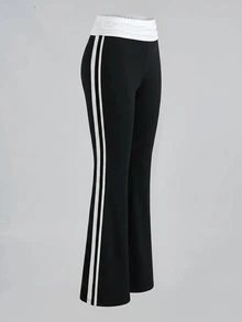 SHEIN 青少年女孩對比色條紋摺腰喇叭褲 - 彩色 - 查看 3