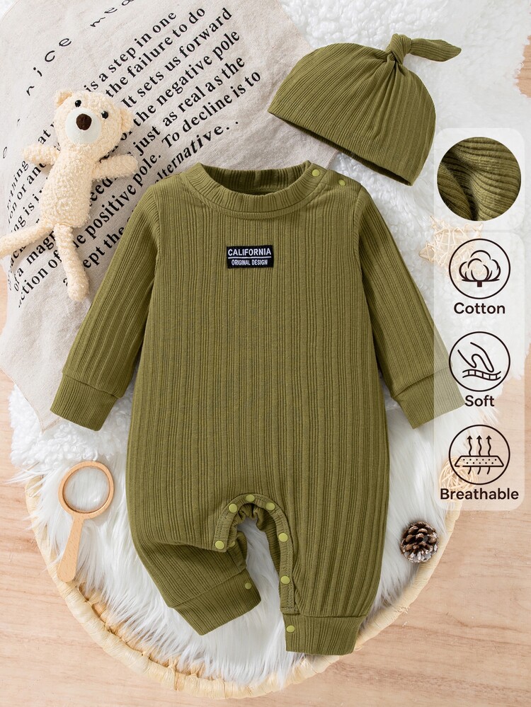 SHEIN Newborn Autumn/Winter Army Green Knitted Ribbed Fashion Casual Long Sleeve Round Neck Shoulder Opening Romper With Cute Head Protection Hat - Green - View 1