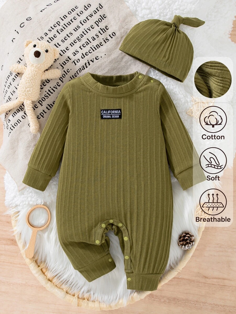 SHEIN Newborn Autumn/Winter Olive Green Knitted Ribbed Fashion Casual Soft Form Long Sleeve Round Neck Shoulder Opening Romper With Cute Head Protection Hat - Green - View 1