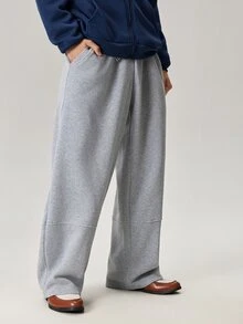 Vaulklash Men's Solid Color Drawstring Waist Pockets Wide Leg Loose Casual Sweatpants - Light Grey - View 6