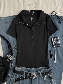 Attitoon 女款 T-Shirt，休閒極簡復古龐克 Y2K 百搭派對聚會羅紋金屬扣，音樂節穿搭，哥德風，女款夏季穿著 - 黑色 - 查看 6