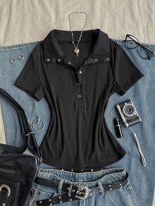 Attitoon 女款 T-Shirt，休閒極簡復古龐克 Y2K 百搭派對聚會羅紋金屬扣，音樂節穿搭，哥德風，女款夏季穿著 - 黑色 - 查看 3