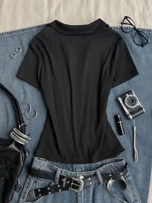 Attitoon 女款 T-Shirt，休閒極簡復古龐克 Y2K 百搭派對聚會羅紋金屬扣，音樂節穿搭，哥德風，女款夏季穿著 - 黑色 - 查看 2