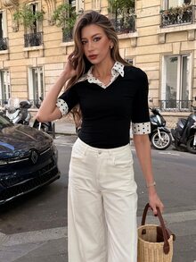 Pariaura Women's Collage Style Polo Collar Patchwork Short Sleeve T-Shirt, Slim Fit Pullover, Spring/Summer - Black - View 5