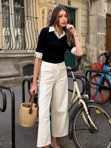 Pariaura Women's Collage Style Polo Collar Patchwork Short Sleeve T-Shirt, Slim Fit Pullover, Spring/Summer - Black - View 1