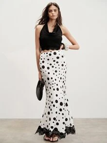 Pariaura French Vintage French Elegant White And Black Polka Dot Polka Dot Satin Mermaid Skirt, Lace Trim Waist-Cinching Long Skirt Brunch Party Autumn - White - View 4
