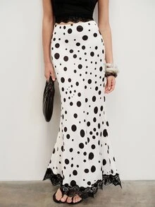 Pariaura French Vintage French Elegant White And Black Polka Dot Polka Dot Satin Mermaid Skirt, Lace Trim Waist-Cinching Long Skirt Brunch Party Autumn - White - View 3