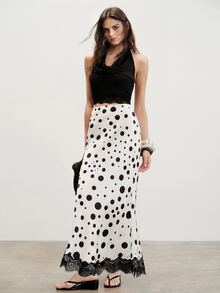 Pariaura French Vintage French Elegant White And Black Polka Dot Polka Dot Satin Mermaid Skirt, Lace Trim Waist-Cinching Long Skirt Brunch Party Autumn - White - View 7