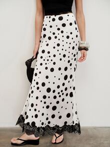 Pariaura French Vintage French Elegant White And Black Polka Dot Polka Dot Satin Mermaid Skirt, Lace Trim Waist-Cinching Long Skirt Brunch Party Autumn - White - View 8
